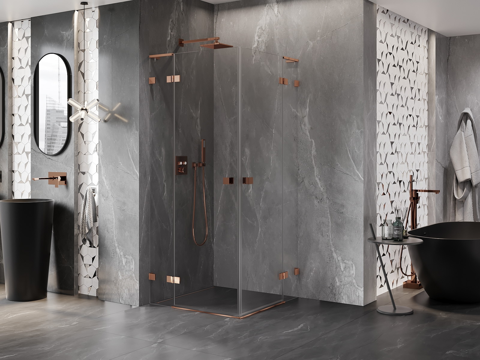 Mexen Lunar L Duo hinged shower cabin 95 x 95 cm, transparent, rose gold - 834L-095L-095P-60-00